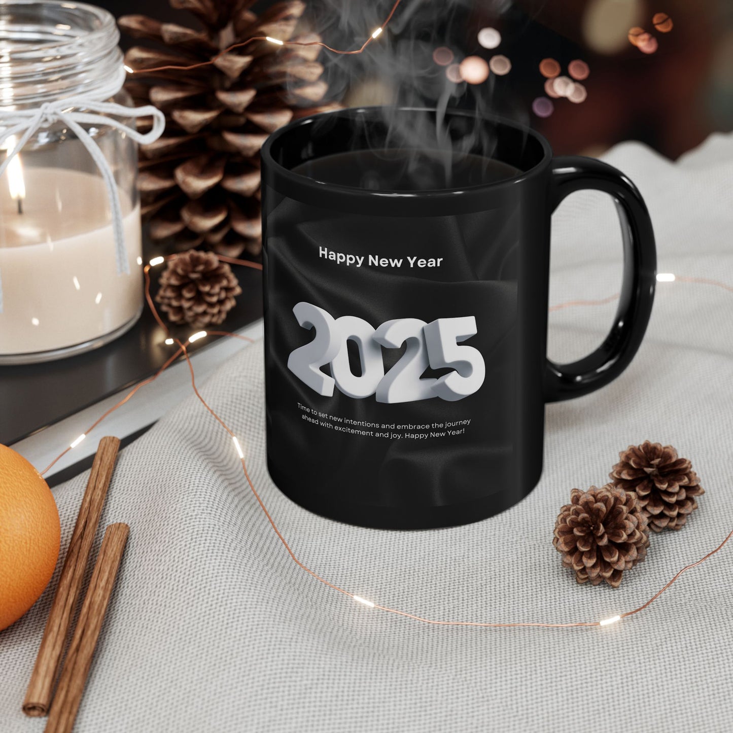 Mug, Happy New Year 2025, New Year Gift, Holiday Mug, Black Coffee Cup, Year 2025 Celebration, 11oz Mug