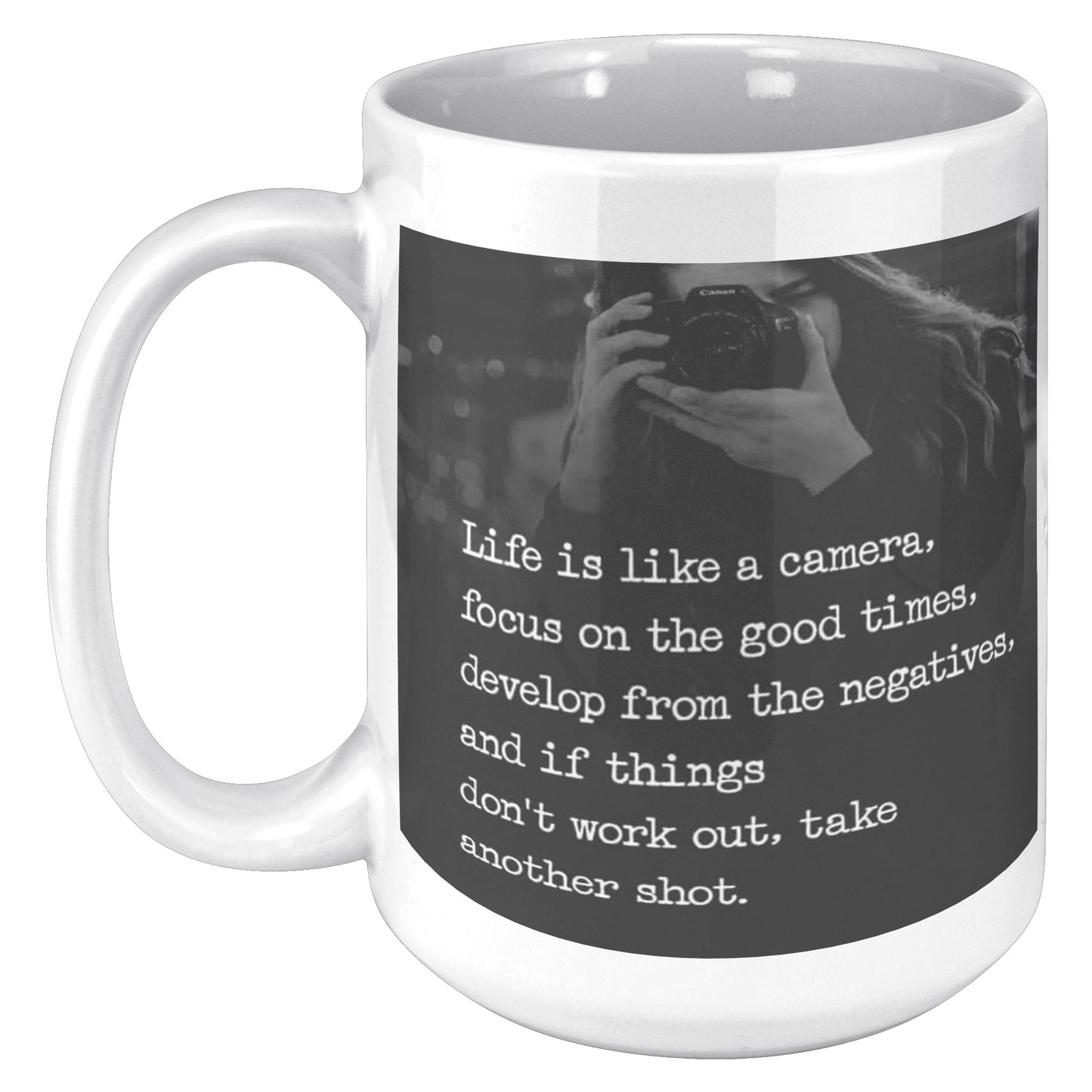 Life is like Camera, focus on the good times, Mug