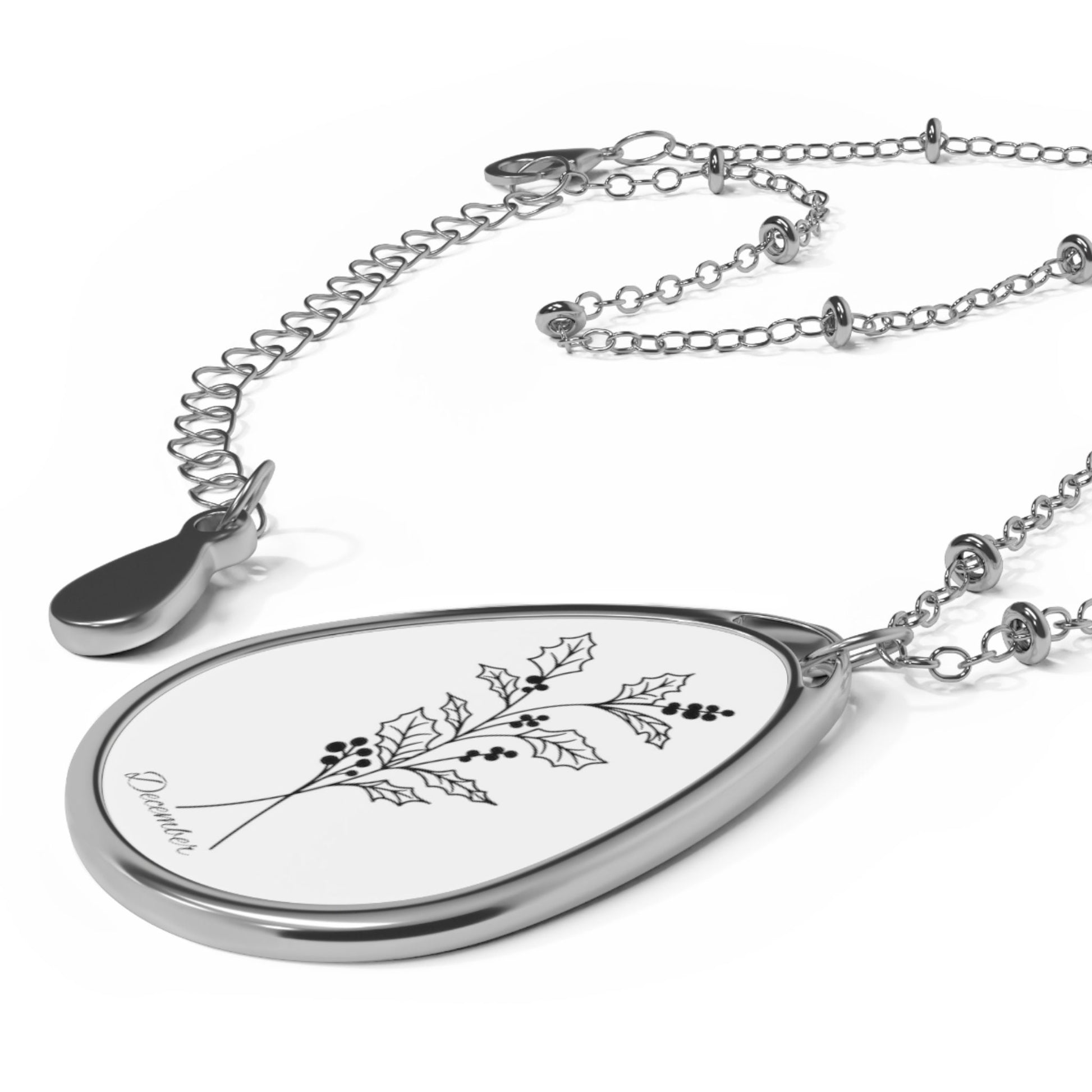 December Birthday, Birth Flower,Holly,Oval Necklace,