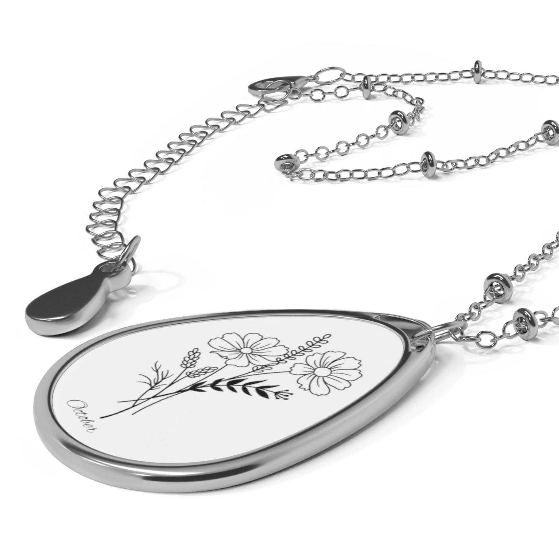 October Birthday , Oval Necklace, Birth Flower, Cosmos , birthday gift, Sterling Silver, flower necklace, girlfriend,Oval Necklace
