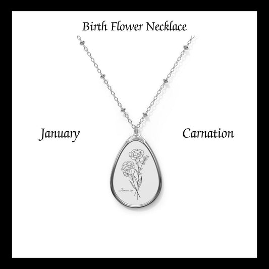 January, Birth Flower, Carnation, Oval Necklace  birthday gift, flower necklace, for best girlfriend,  born in January.