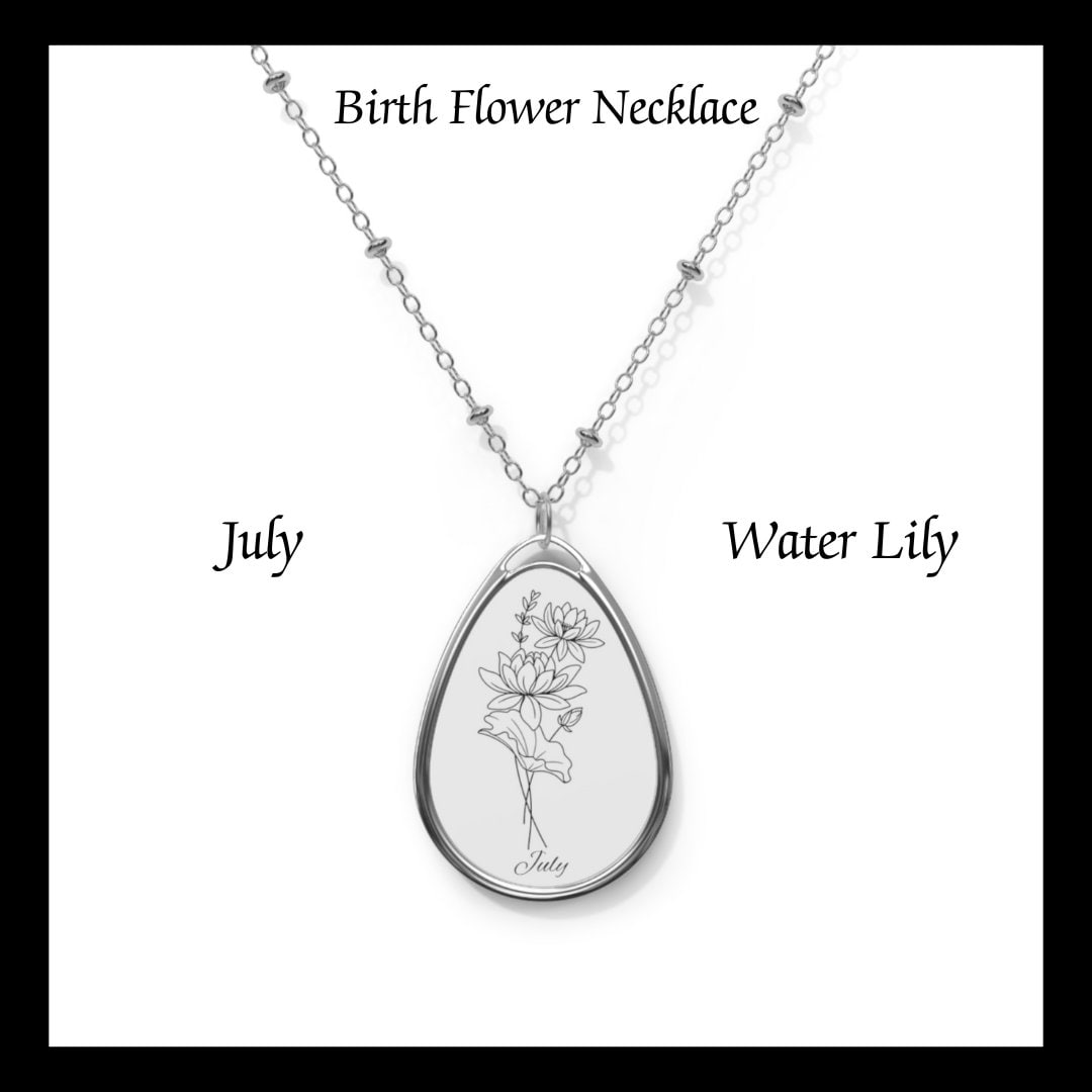 July  Birthday , Oval Necklace, Birth Flower, Water Lily, birthday gift,Sterling Silver, necklace, flower necklace, girlfriend,Oval Necklace
