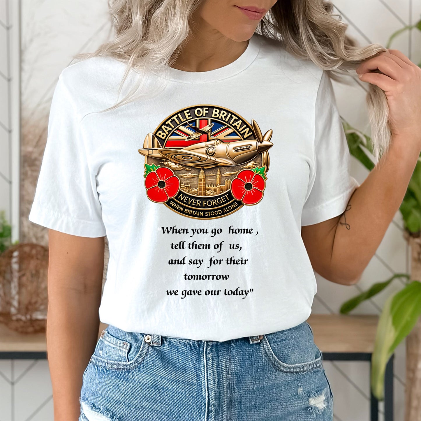 Battle of Britain T Shirt, Lest we Forget - White & Sports Grey Unisex T Shirt
